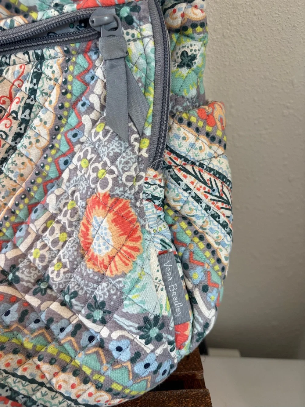Vera Bradley Quilted Paisley Backpack in Gray with Coral & Aqua Accents